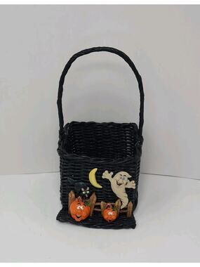 Vtg FTD Halloween Basket Black Wicker Jack O'Lanterns Pumpkins Ghost Black Cat
